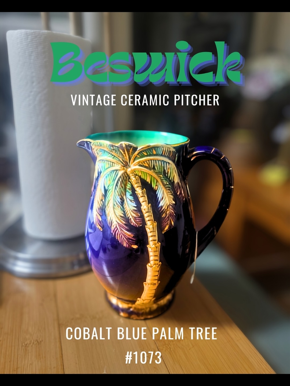 Rare Vintage Beswick England Cobalt Blue Palm Tree Jug Pitcher #1073 Art Deco